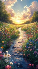 Meadow Stream Serenity, vibrant flowers border a gentle stream, lush greenery, tranquil scene inviting peaceful reflection