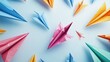 © ArpPSIqee - A conceptual image of diverse paper airplanes of different colors soaring towards a common destination on a plain backdrop, Embodying unity and shared aspirations, photography style
