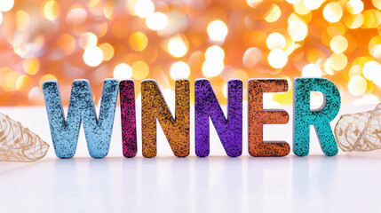 Poster - Colorful letters spelling WINNER on a bright background with festive bokeh lights