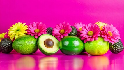 Wall Mural - Green avocados, limes, and pink daisies arranged on a bright pink background.