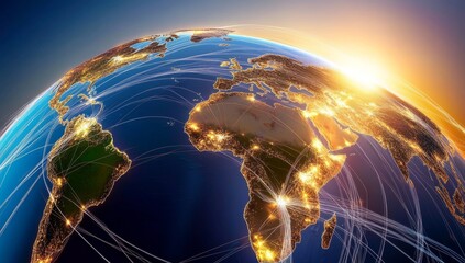 Poster - Global Map with Interconnected Nodes Symbolizing Network Connections, Viewed from Above at Sunset