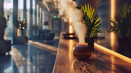 modern office lobby with a wooden aroma diffuser on a glossy table, steam curling into the air amids