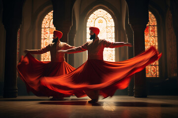 Wall Mural - Two dervishes dancing in vibrant red attire in a sacred ceremony