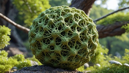 A close-up view of a porous network structure in a natural setting, symbolizing the fusion of technology and nature in composite materials, Generative AI