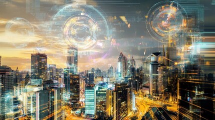 Poster - A digital artwork blending symbols of diversity into a futuristic cityscape, Symbolizing cultural integration and technological progress, photography style