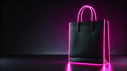 Wall Mural - Neon pink shopping bag on dark background