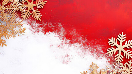 Poster - Snowflakes on a vibrant red background creating a festive winter atmosphere with elegant golden designs