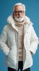 An elegant older man poses in a stylish white winter jacket against a vibrant blue backdrop, showcasing his sophisticated winter fashion