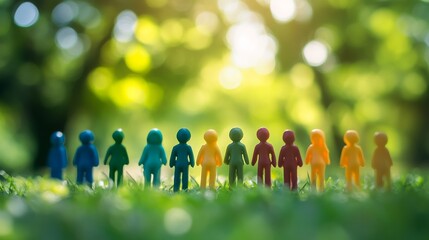 Poster - A diverse group of 3D figures symbolizing unity against a softly blurred city square backdrop, Reflecting inclusivity in urban gatherings, photography style