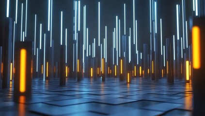 Poster - Digital Data World with Blue Glowing Lines and City Lights on a Dark Background, an AI Technology Concept