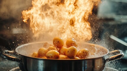 Boiling in water baby potatoes composition background 