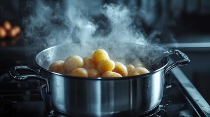 Boiling in water baby potatoes composition background 