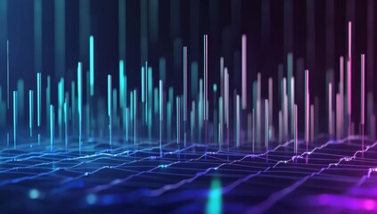 Poster - Digital Data World with Blue Glowing Lines and City Lights on a Dark Background, an AI Technology Concept