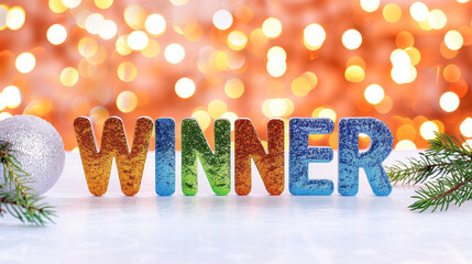 Poster - WINNER letters in colorful celebration decor with bokeh lights and festive ambiance