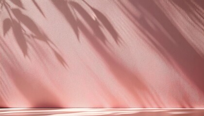 Poster - Soft Pink Textured Wall with Dramatic Shadow Play from Sunlight Filtering Through Leaves. Ideal for Minimalist Backgrounds, Calm Aesthetic Designs, and Natural Themed Visuals