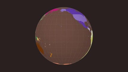 Poster - Rotating globe with a normal sphere view, slow speed planet rotation, colored countries style, world map with sparse graticule lines on a dark background. Stunning animation.