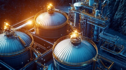 Aerial view of biofuel plant showcasing large storage tanks and surrounding infrastructure, illuminated under artificial light.