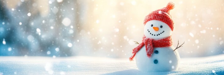 Aufkleber - Snowman in winter scene with snowy trees and sunset, perfect for holiday card designs.
