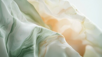 Poster - Smooth, luxurious fabric drapes and flows, showcasing a mesmerizing marble pattern in shades of green and orange, creating a visually appealing texture