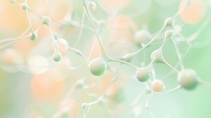 Poster - Microscopic view of molecules connecting and forming complex structures, creating a network of interconnected nodes, visualized with pastel colors and a soft bokeh effect