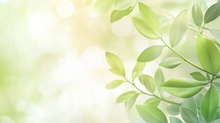 Poster - Green leaves are growing on branches against a blurred background of sunlight and bokeh, creating a fresh and vibrant image of nature