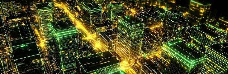 Poster - wide perspective city view on a colorful background with glowing neon lights.