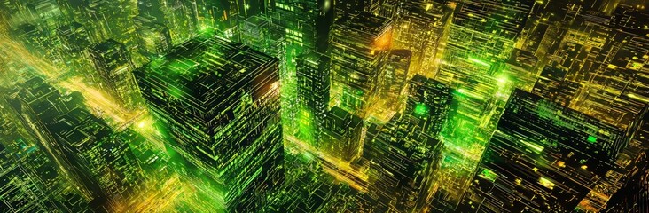Poster - wide city front perspective view with a colorful background and glowing neon lights.
