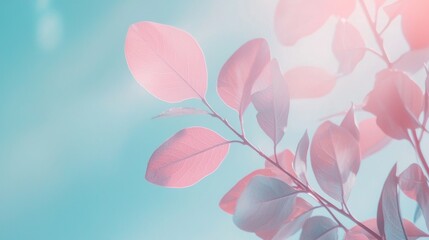 Poster - Gentle sunlight filters through delicate pink and turquoise leaves, creating a serene and dreamlike atmosphere against a soft blue sky