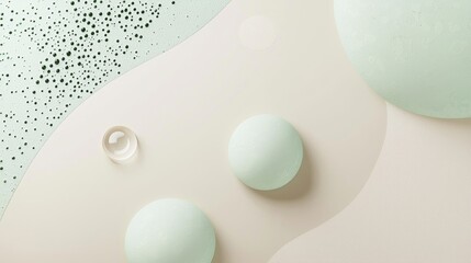 Poster - Minimalist abstract background featuring pastel green and beige hues, incorporating spheres, a droplet, and a textured surface, creating a serene and modern composition