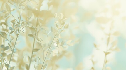 Poster - Soft sunlight filters through delicate branches adorned with leaves, creating a serene and dreamy natural background with a soothing pastel color palette