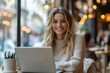 © James - Happy businesswoman working remotely on laptop in a cozy cafe, Generative AI