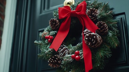 Christmas wreath on door composition background 