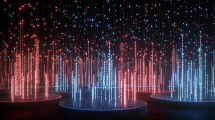 Wall Mural - this abstract futuristic landscape has glowing lines, neon lights and red and blue neon colors