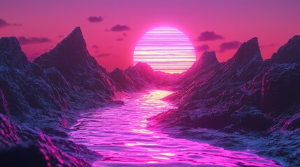 Wall Mural - a valley between mountains with glowing pink and blue lines.