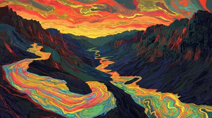Wall Mural - in a valley between mountains, glowing pink and blue lines appear.