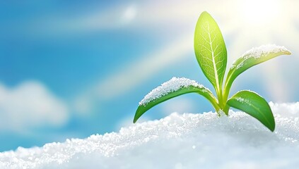 The transition from winter to spring is illustrated in this close-up of a fresh green sprout pushing through snowy ground