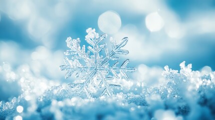 Poster - Close-up of a snowflake sparkling in the snow with blue tones. Perfect for winter and Christmas backgrounds.