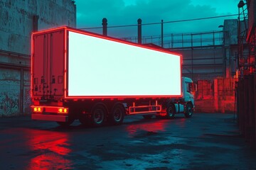 Poster - An urban logistics hub anchored by AI-driven electric trucks navigating neon-lit streets while showcasing renewable energy