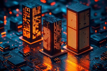 Poster - an intricately designed futuristic ai logistics hub resides in a bustling cyberpunk cityscape, illum