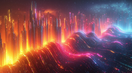 neon wave cityscape with vibrant orange and pink lights illuminating futuristic skyline