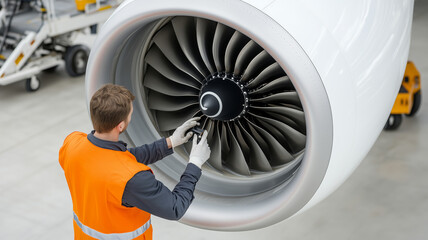 Poster - Airplane mechanic inspects jet engine in a busy hangar during daylight