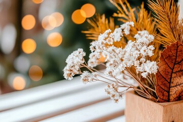 This photo shows Achillea millefolium flowers covered in icing with a beautiful winterbokeh effect.