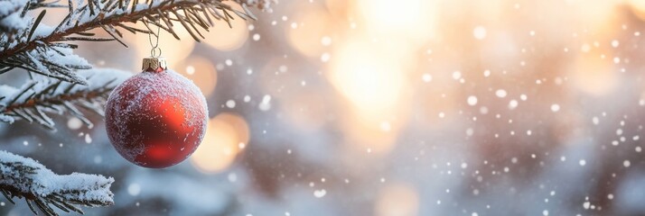 Poster - Red Christmas bauble hanging on snowy pine branch. Festive holiday atmosphere.