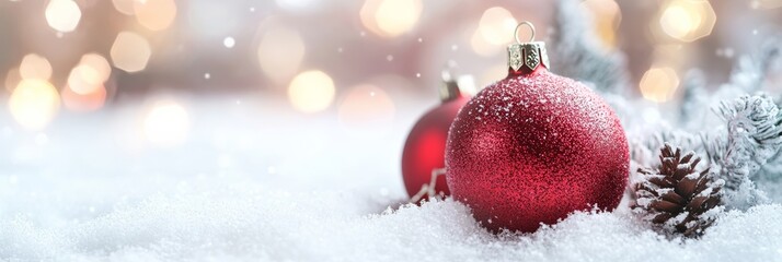 Poster - Festive Christmas background with red baubles and pine cones, featuring glowing lights that enhance the holiday mood.