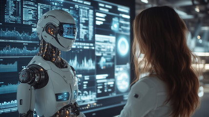 Poster - Robot engages in data visualization discussions in a futuristic lab setting