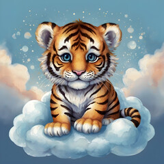 a baby tiger resting on a fluffy cloud with a soft blue watercolor background. The tiger should have large blue eyes