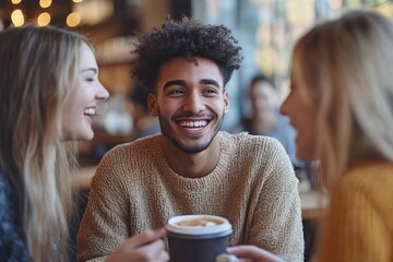 Fun coffee date with friends: Group of young people chatting in a coffee house, Generative AI