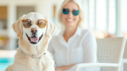 A chic pet owner and their dog relax by a resort pool The dog wears sunglasses enjoying gourmet treats served by hotel staff.