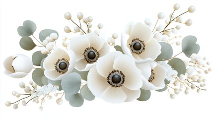 A winter wreath adorned with white flowers and framed in watercolor