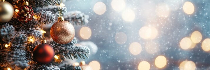 Poster - Frosted Christmas tree decorated with gold and red ornaments, with snowy branches and twinkling lights. Perfect for Christmas and New Year.